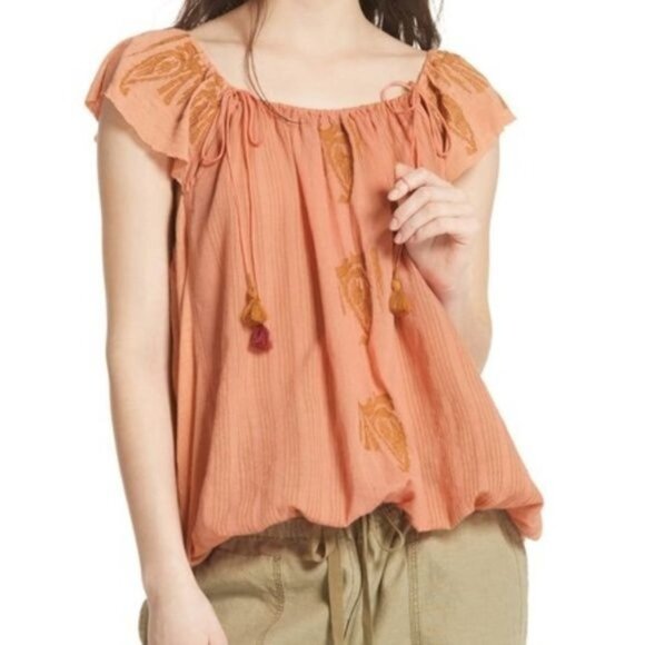Free People Pukka Embroidered Coral Tee Women's Size X-Small XS - Picture 1 of 8